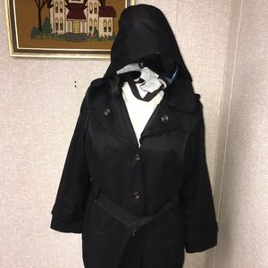 London Fog Collection Black Belted long Trench Hoodie Coat -Size 1X Woman